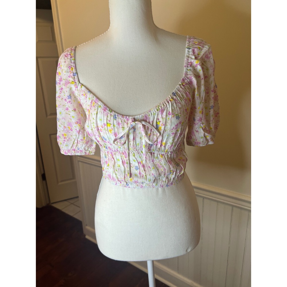 Elodie Floral Puff Sleeve Crop Top Sweetheart Neck Cottagecore Pink White NWT XS - Picture 4 of 8